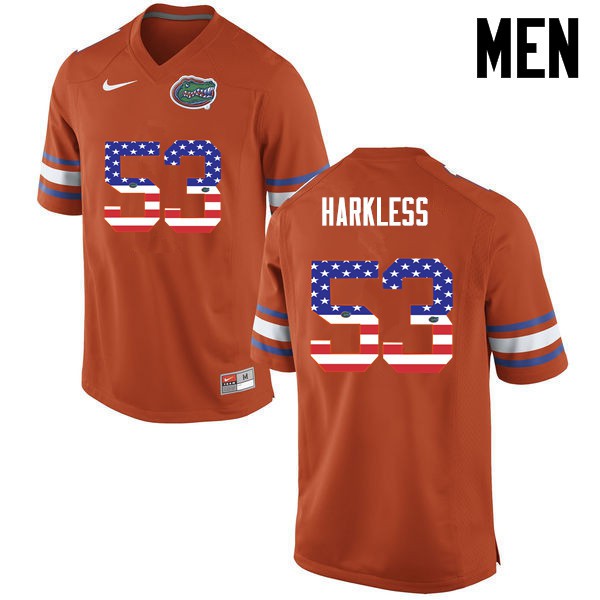 Florida Gators Men #53 Kavaris Harkless College Football USA Flag Fashion Orange